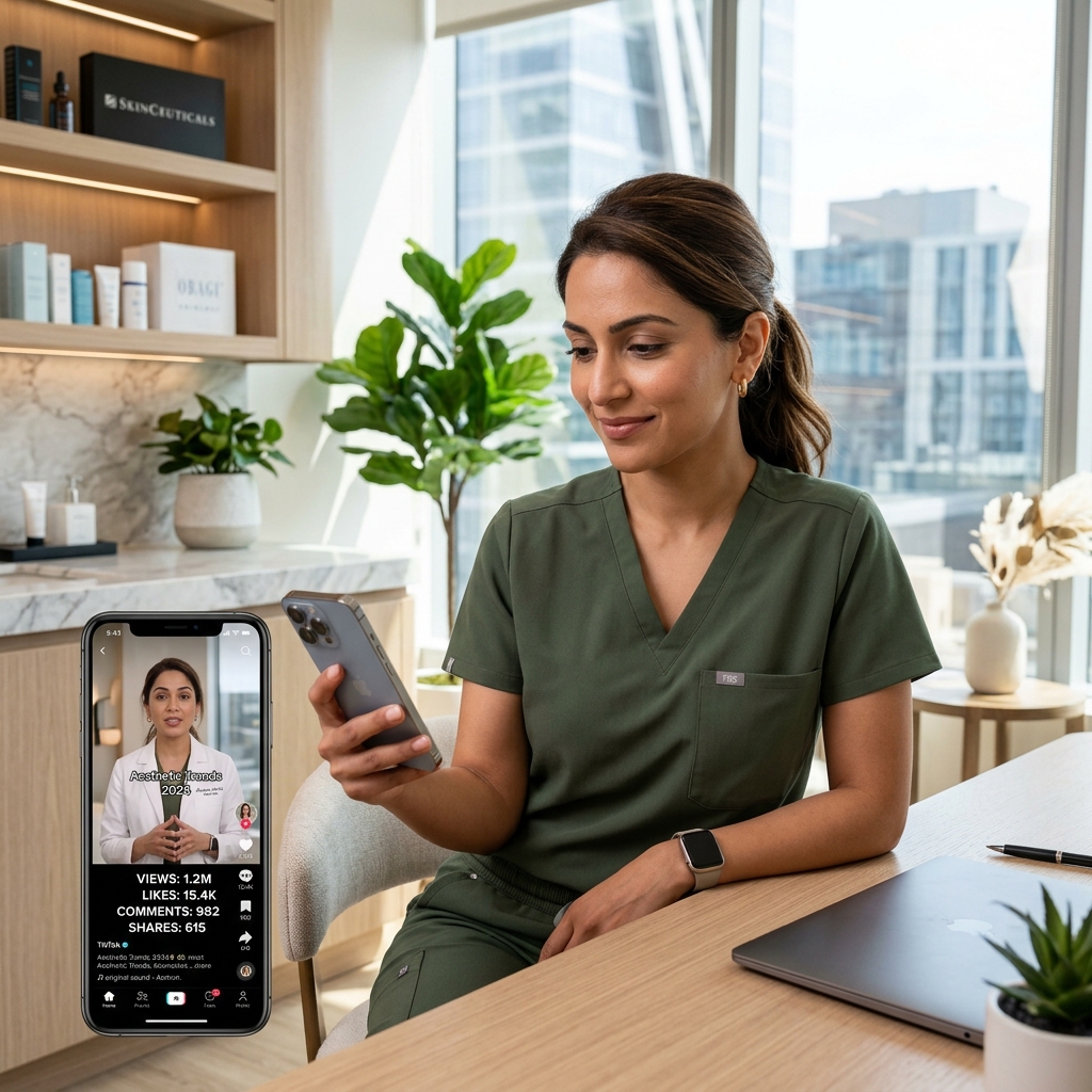 Doctora analizando métricas de vídeos médicos, Reels y alcance orgánico en redes sociales para clínica